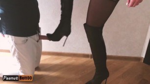 Mistress Teasing Cock Dominating and let her Friend Cum on her Knee High Boots